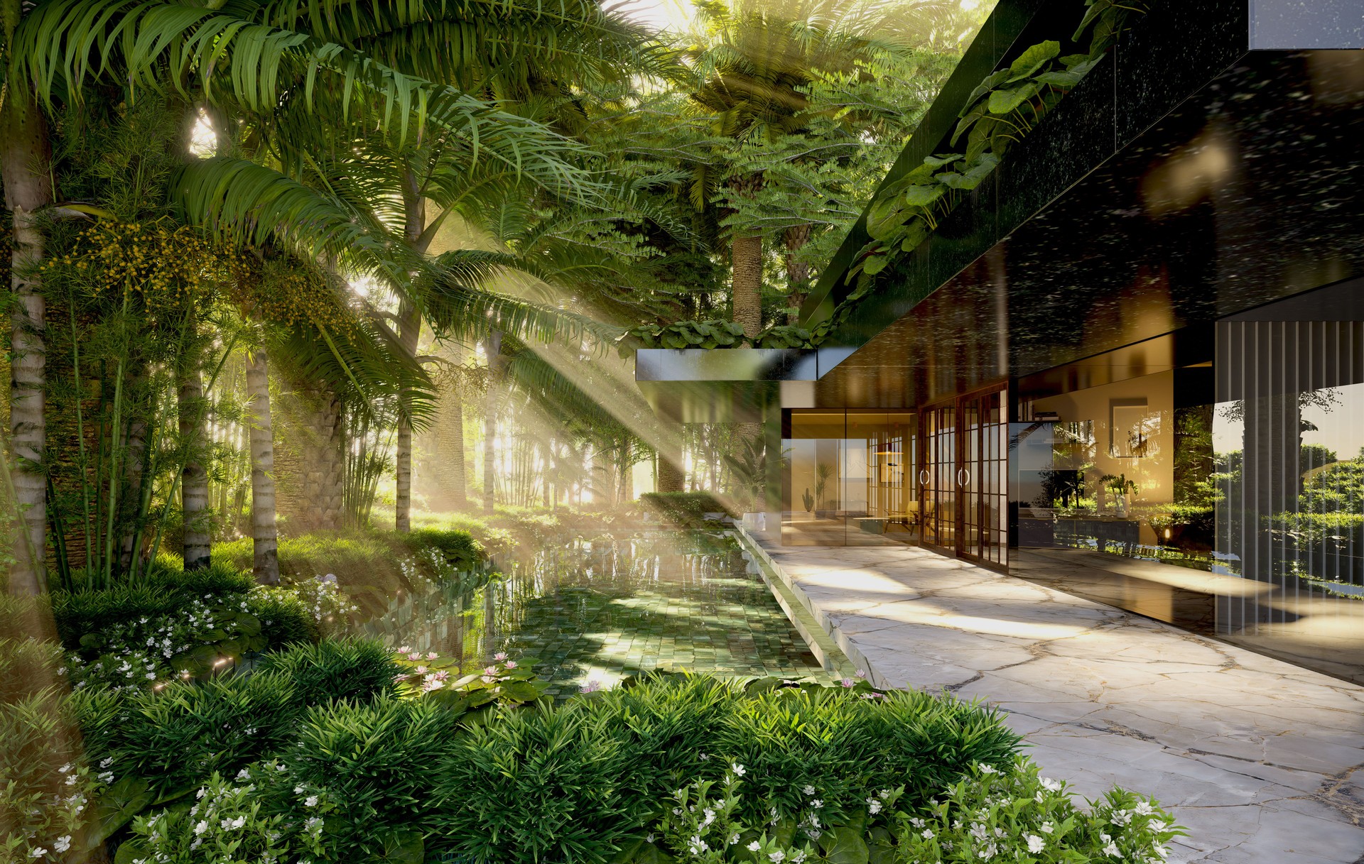 3D render of Tropical house with swimming pool in jungle
